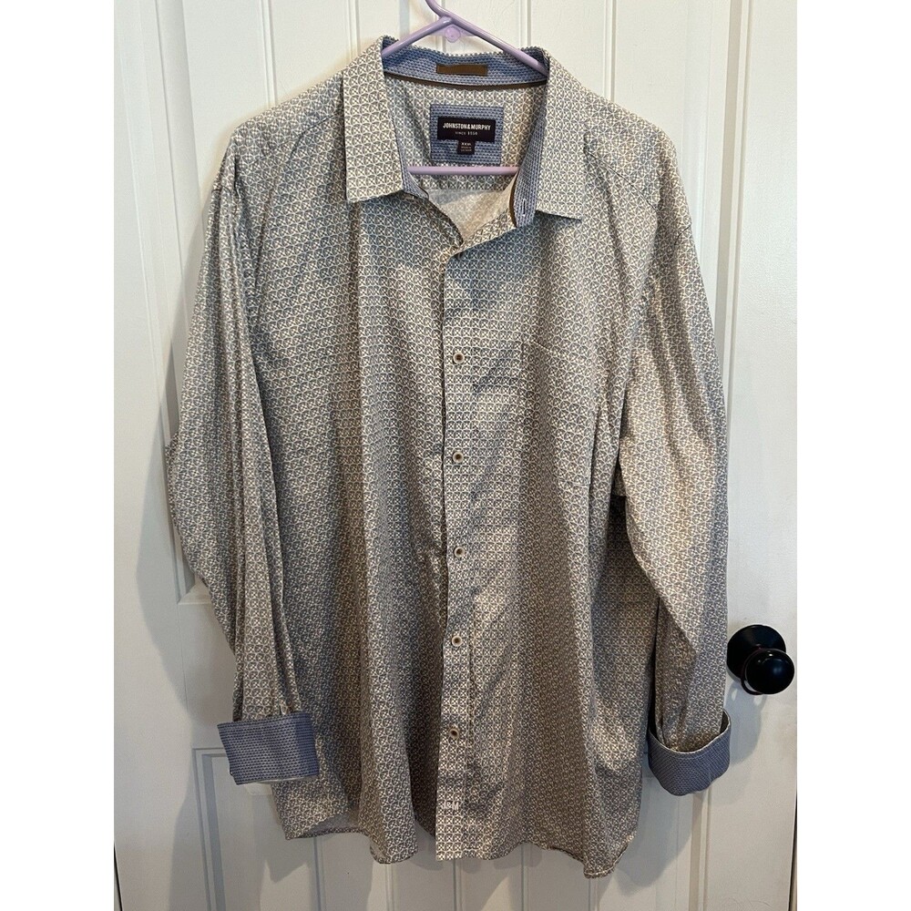 Johnston & Murphy XXXL Geometric Print Button Front Shirt Blue Tan 100% Cotton